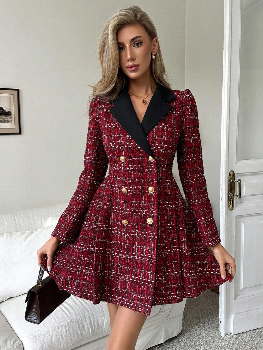 Elenzga Women's Elegant Contrast Color Textured Fabric Long Sleeve Waist Cinched A-Line Dress, Suitable For Dates, Outings, And Photo Shoots, Short Style - Red - View 1