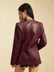 Easelle Women's Solid Color Long-Sleeved Fashionable PU Suit Jacket, Autumn Suit Jacket Button Autumn And Winter Outer Wear 2025pu Jacket - Burgundy - View 2