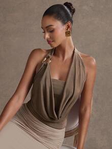 L'Amorae Women's Plunging Neck Solid Color Metal Ring Linked Halter Top - Brown - View 1