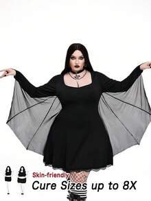 SHEIN CURVE+ 大码女式黑色复古朋克前卫大码圆领腰部合身街头风格 A 字下摆蕾丝花边深色朋克蕾丝花边蝙蝠袖巫婆连衣裙，适合万圣节、返校、假日 - 黑色 - 查看 1