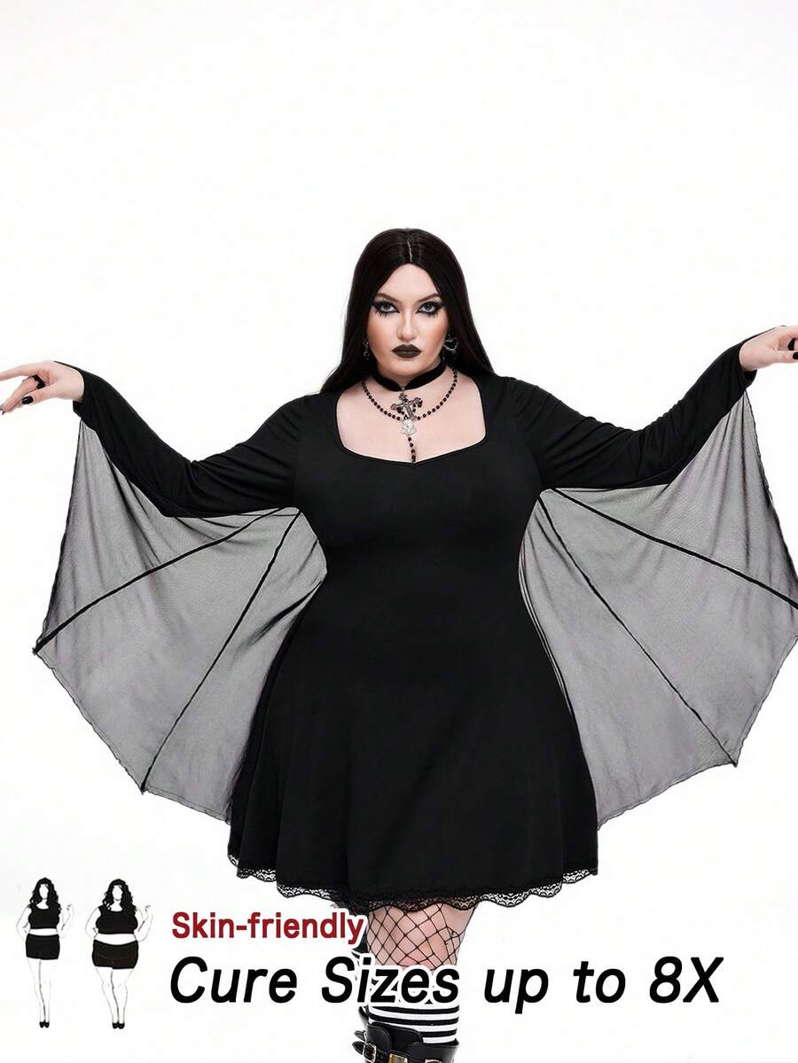 SHEIN CURVE+ 大码女式黑色复古朋克前卫大码圆领腰部合身街头风格 A 字下摆蕾丝花边深色朋克蕾丝花边蝙蝠袖巫婆连衣裙,适合万圣节、返校、假日 - 黑色 - 查看 1