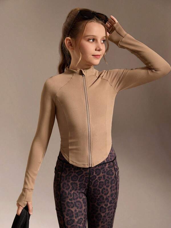 SHEIN Tween Girls Active Jacket, Fitted Camel Color Sports Jacket With Seam Design, Suitable For Running, Fitness, Basketball, Badminton, Tennis, Made Of High Stretch 4-Way Stretch Fabric