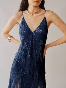 Uhlyne Váy xòe tua rua cổ chữ V viền bất đối xứng dây mảnh dành cho nữ - Màu xanh hải quân - Xem 5