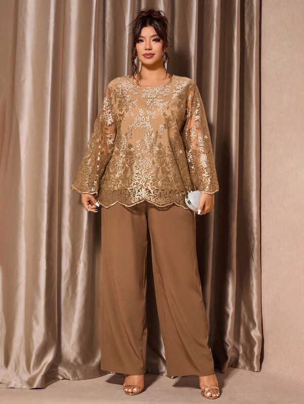 EMERY ROSE Conjunto de 2 piezas de top de manga larga casual y pantalones de pierna ancha de talla grande