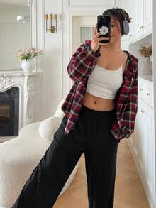 DAZY Ensemble pyjama femme avec Top à capuche ample à carreaux et pantalon ample de couleur unie, pour l'automne et l'hiver - Rouge - Voir 7