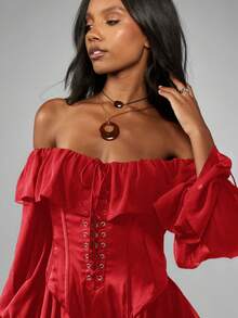 MISSGUIDED Off Shoulder Chiffon Ruffle Bodysuit With Lace Up Corset Detail Long Sleeve - Red - View 6