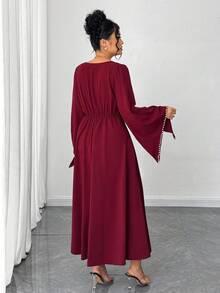 Elenzga Christmas Elegant Vintage French Style Square Collar Asymmetrical Flare Sleeve Pearl Color Block Dress, Fashionable For Autumn/Winter - Red - View 2