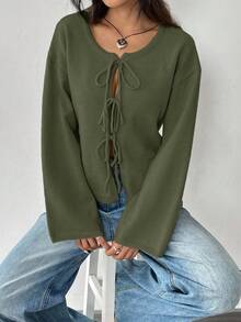 SHEIN EZwear 女士纯色打结长袖开衫，通勤，极简主义，办公室穿着，复古款，简单，女士系带前腰带纯色针织毛衣开衫，可穿在 T 恤外面，长袖上衣，秋冬季上学上衣 - 軍綠色 - 查看 5