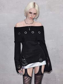 ROMWE Avant Y2K Punk Kpop Ripped Design Waist Cinched Flare Sleeve Metal Grommet Accent Off-Shoulder Sweater - Black - View 7