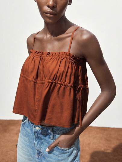 Maija 2025夏季新款复古砖红色弹力褶皱荷叶边抽绳可调节吊带背心，百搭易穿，适合叠穿、休闲、浪漫、90年代风格、圣诞节、新年、感恩节、派对、海滩、毕业典礼等场合，也适合婚礼宾客、女主人、约会、派对、音乐会、早午餐、机场等多种场合。