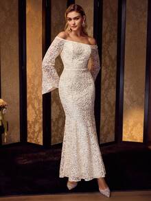 MOTF Soiréza ELEGANT FLORAL JACQUARD TEXTURED OFF SHOULDER FLARE SLEEVE FISHTAIL DRESS, SUITABLE FOR FORMAL OCCASIONS, PARTIES, GALAS - Apricot - View 5