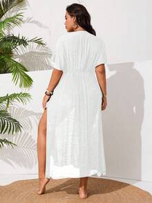 Swim Vcay Plus Size Women's Casual Vacation Beach Dress With Side Slit And Lace Patchwork