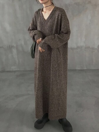 FRIFUL שמלת סוודר ארוכה וישרה עם צווארון V, כתף נפתחת, בצבע חום לנשים, שמלת לבוש חיצוני קז'ואל לסתיו/חורף