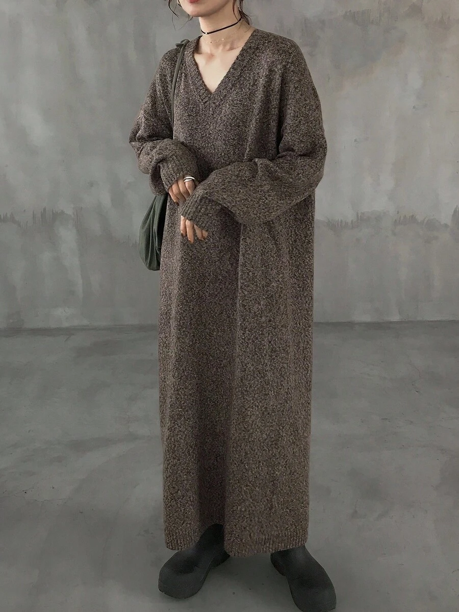 FRIFUL 女式棕色纯色 V 领落肩长袖直筒长款毛衣裙，秋冬休闲外套连衣裙