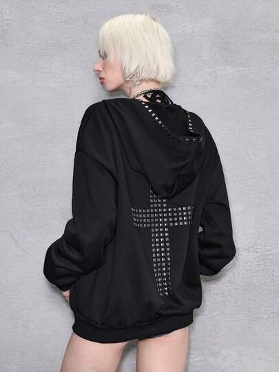 ROMWE Avant Sudadera holgada de unicolor con diseño de espalda cruzada con remaches, estilo casual Y2K punk