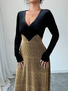Modelyn Robe longue élégante à manches longues, coupe slim et évasée, en velours noir et fil d'argent. Tenue longue de soirée pour femmes - or noir - Voir 4