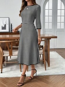 EMERY ROSE فستان كاجوال متوسط الطول للنساء بطبعة هندسية، مناسب للخريف/الشتاء، فستان مربعات للنساء، فستان عمل، فستان هندسي، فستان كاجوال للعمل، فستان متوسط الطول للنساء، فستان كاجوال للعمل