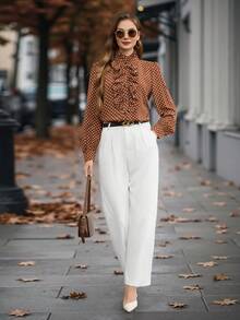 EMERY ROSE Polka Dot Ruffle Trim Shirt,Long Sleeve Tops Fall Cloth For Women - Coffee Brown - View 3