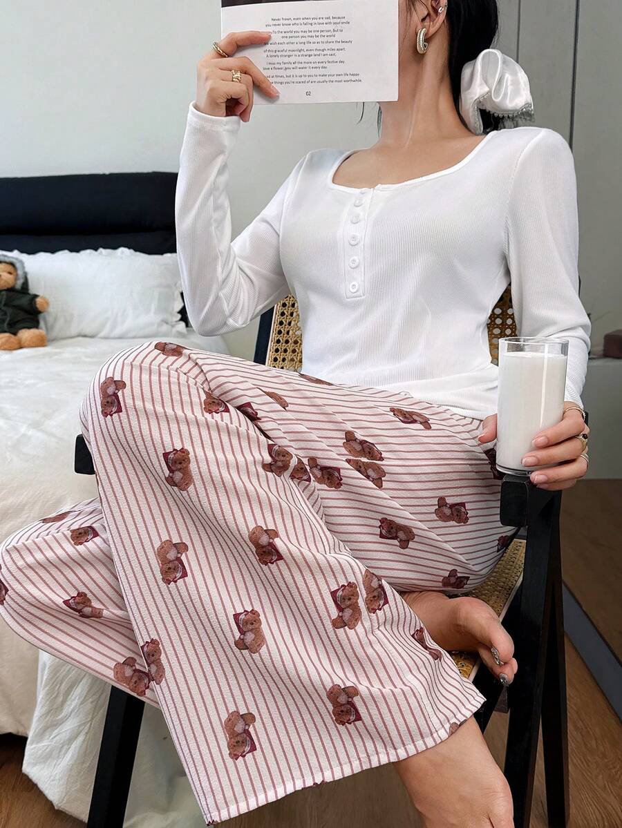 SHEIN 可爱小熊条纹印花方领装饰纽扣上衣和阔腿裤女士睡衣套装,咖啡色睡衣,秋冬服装 - 粉色 - 查看 1