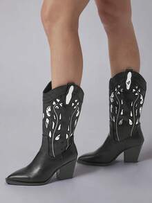 Solezae Botas occidentales de tacón grueso con corte para mujer - Negro - Ver 6