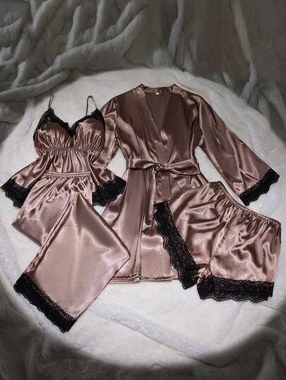 SilkySpell 4pcs/Set Women Sexy Satin Camisole Top, Pants, Elegant Robe, Shorts, Plus Size Pajama Set, Khaki, All Season, Outerwear Satin Sleepwear Set Satin Robe Set Satin Sleep Set Fall Winter Clothes