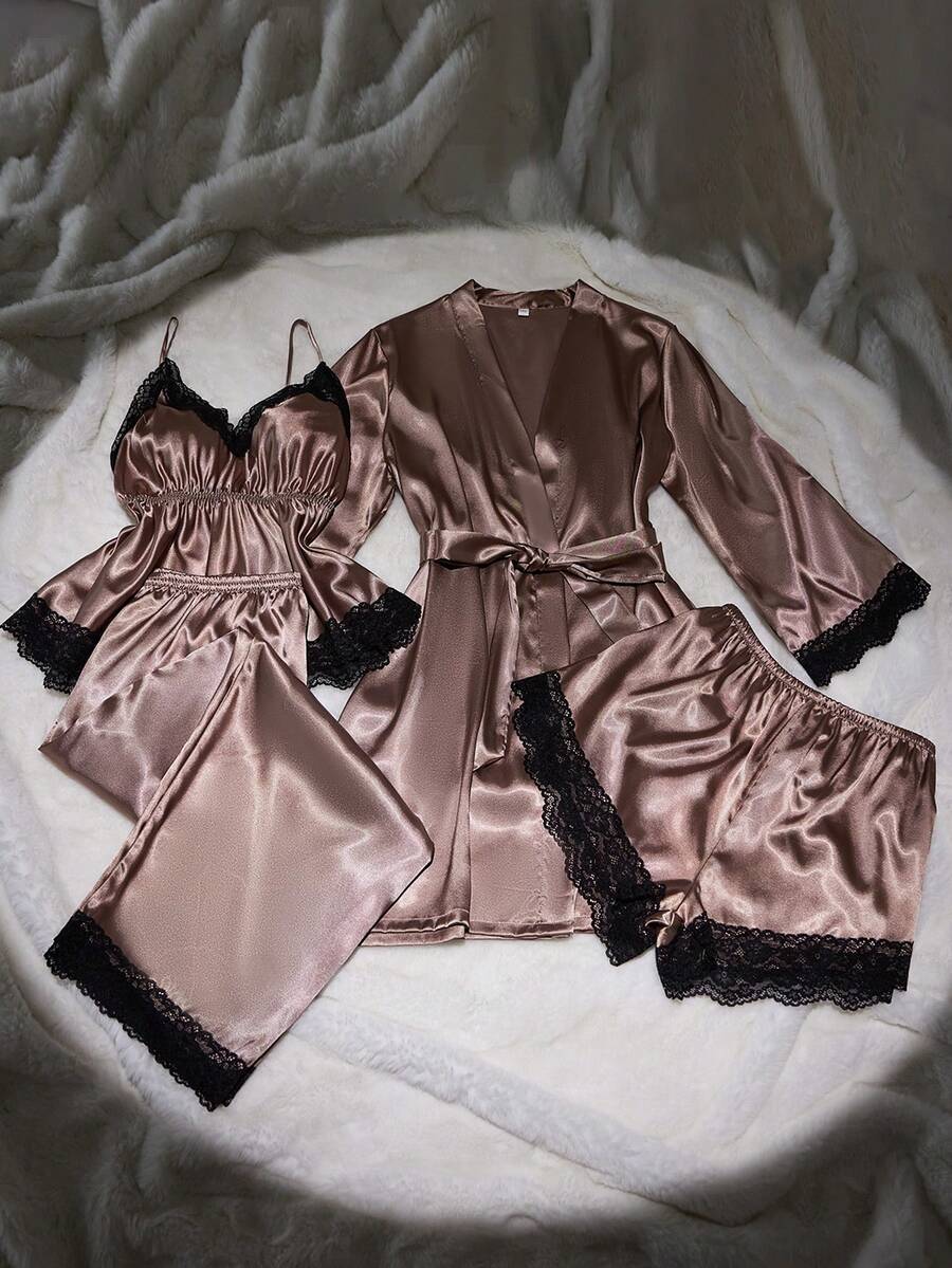 SilkySpell 4pcs/Set Women Sexy Satin Camisole Top, Pants, Elegant Robe, Shorts, Plus Size Pajama Set, Khaki, All Season, Outerwear Satin Sleepwear Set Satin Robe Set Satin Sleep Set Fall Winter Clothes - Brown - View 1
