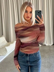 Aloruh Maglietta a maniche lunghe con scollo a V, con motivo tie-dye marrone, adatta per l'autunno/inverno, versatile per uso casual, vacanze bohémien, festival musicali e relax in autunno - Multicolore - Visualizzare 6