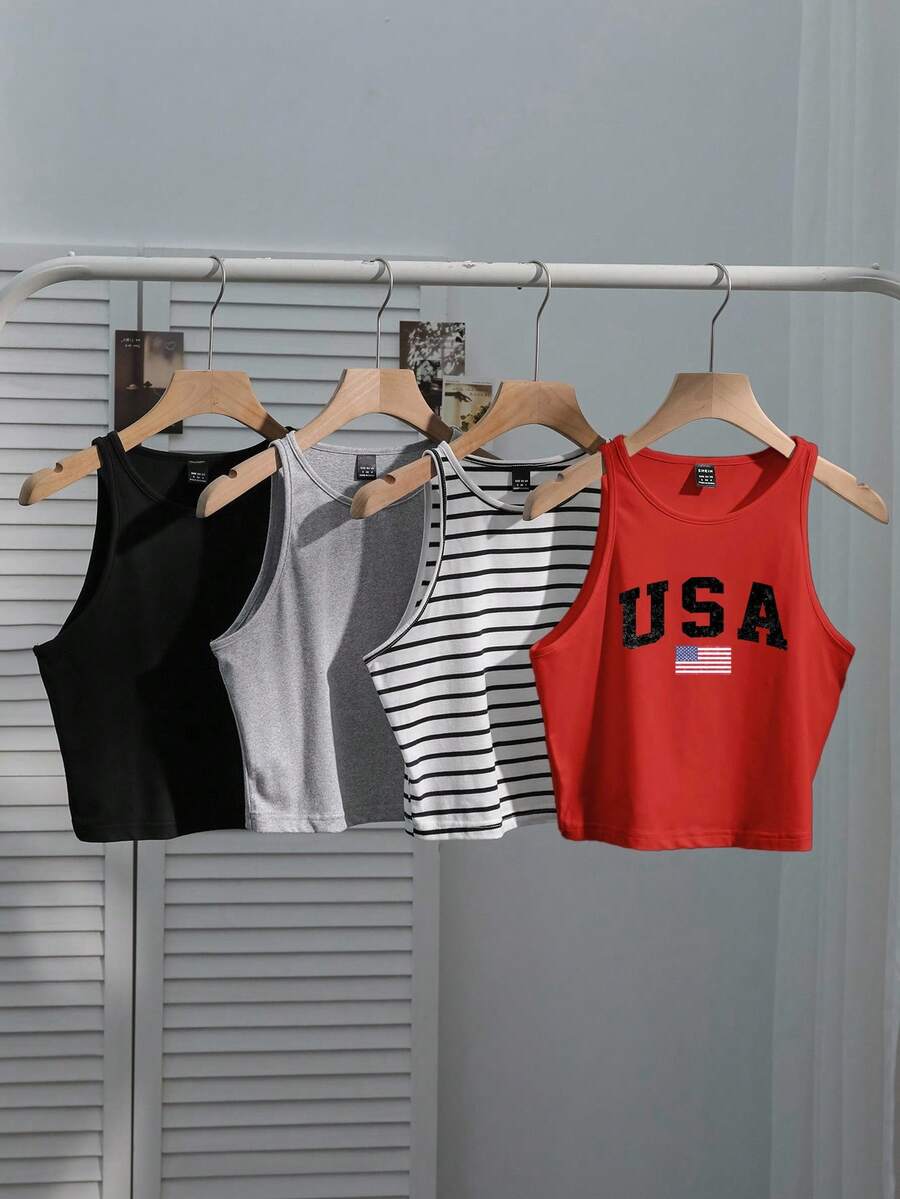 SHEIN EZwear Bộ đồ nữ 4 món in họa tiết cờ Mỹ, màu đen, xám, đỏ, đen trắng kẻ sọc, áo hai dây ôm sát gợi cảm cho mùa hè. - Nhiều màu - Xem 1