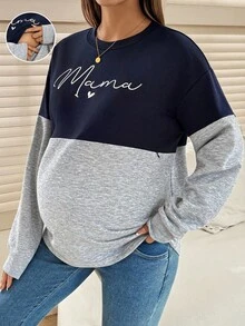 SHEIN Maternity Letter Print Crew Neck Long Sleeve Nursing Sweatshirt Women Sweatshirts Maternity Tops Pregnancy Shirts Mama Sweatshirt Hoodies Plus Size Women - Multicolor - View 3