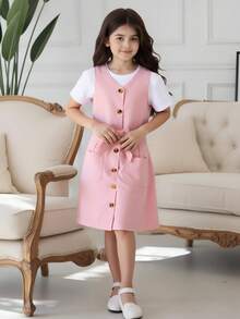 Tween Girl Button Front Dual Pocket Belted Dress Without Tee - Pink - View 5