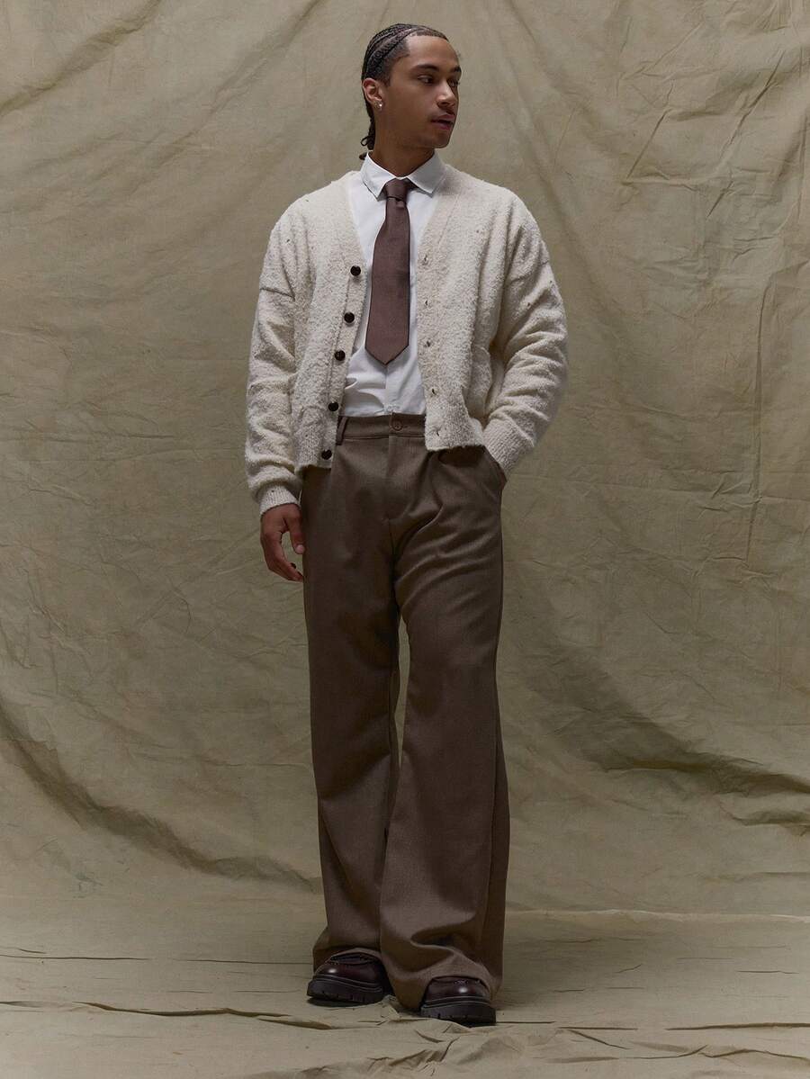 Musero Pantalones con pliegues acampanados de estilo elegante, con presillas para cinturón y cierre de botones, para otoño, primavera y verano - Verde militar - Ver 1