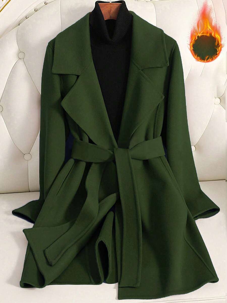 EMERY ROSE Áo khoác dài tay thanh lịch thắt lưng màu trơn cho nữ, áo khoác đen thu đông cho nữ - xanh quân đội - Xem 1