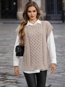EMERY ROSE Chaleco de punto tejido de cable sin camisa - Marrón - Ver 3