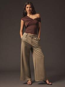 Hauture Formal Old Money Business Office Fall Suiting Solid Wide Leg Pants - Brown - View 3