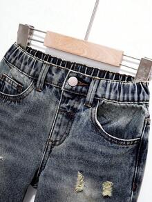 SHEIN 2024 新款年轻男孩休闲百搭个性街头酷炫破洞松紧腰修身水洗黑灰色牛仔裤，适合日常穿着