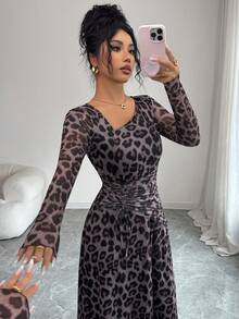 Elenzga 女士时尚通勤豹纹连衣裙 - 咖啡 - 查看 3