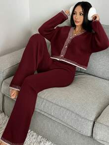 SHEIN EZwear Bộ 2 món áo len cardigan tay dài trễ vai kẻ sọc mùa thu dành cho nữ và quần len thường ngày - Màu Đỏ Sâu - Xem 4