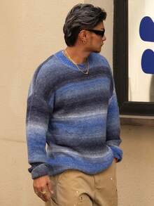 DAZY 男士休闲宽松渐变色条纹落肩长袖毛衣，秋季 - 寶藍色 - 查看 3