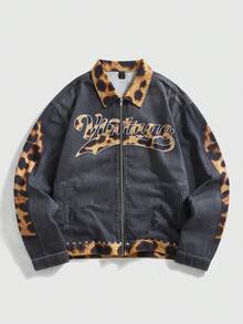 ROMWE MEN Street Life Men's Autumn Leopard Print Letter Graphic Zip-Up Casual Denim Jacket