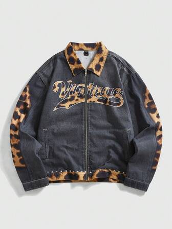 Street Life Chaqueta de mezclilla casual con cremallera, estampado de leopardo y gráfico de letras para hombre, para otoño