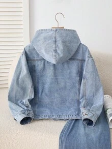 SHEIN 少女时尚休闲 Y2K 复古酷炫街头风返校学院风蓝色牛仔连帽长袖外套柔软日常穿着秋冬秋季锐舞节和街头服饰 - 藍色 - 查看 2