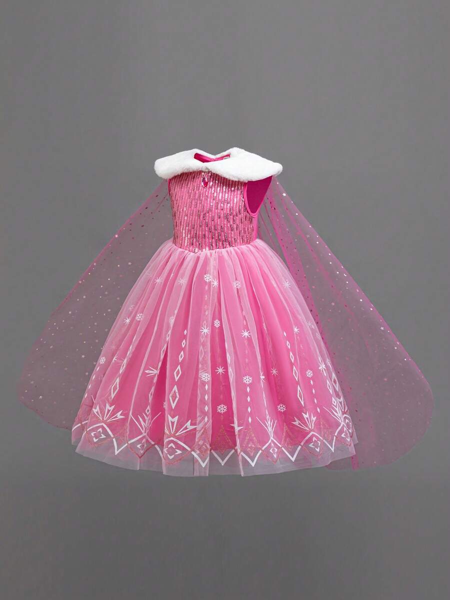Glamorique Kids 小女孩公主裙，紫红色薄纱裙，雪花印花薄纱公主裙，带披肩，亮片，白色毛领，生日派对，派对礼服，婚礼节日正式礼服，奢华正式礼服，镶钻，中东风情，欧美风情 - 玫紅色 - 查看 1