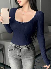 DAZY 秋季新款休闲蕾丝边蝴蝶结装饰女式T恤长袖上衣 - 藏蓝色 - 查看 3