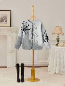 SHEIN MOD Plus Size Casual 3D Floral Lace-Up Knitted Cardigan, Autumn/Winter,Floral Embroidered,Elegant Casual Women Cardigans 3D Floral Contrast Color Cardigan Sweater, For Winter Fall,Winter Clothes For Women,Christmas  ,New Year