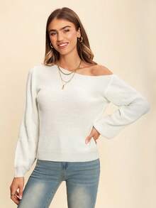 Coeurva 不对称领口灯笼袖毛衣，长袖上衣