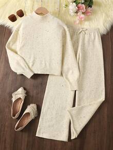 SHEIN Tween Girls Knitwear Set,White Autumn Modest Holiday Stand Collar Sweater & Wide Leg Pants 2pcs Set,Minimalist Casual Solid Longsleeve Winter Outfit - Apricot - View 1