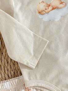 Loomiva Newborn Baby 5-Piece Set: Cartoon Bear Print Knit Soft Crew Neck Romper, Elastic Waist Pants, Bib, Mittens, And Hat