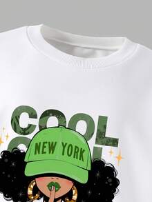 SHEIN 2pcs/Set New York Girl Portrait Print Girls Long Sleeve Sweatshirt Top And Jogger Pants Set Autumn Fall 7th Birthday Kindergarten White Brown - Green - View 8