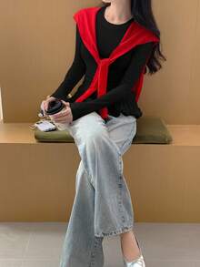 DAZY Women's Korean Style Ruffle Trim Long Sleeve T-Shirt, Spring/Autumn - Black - View 2