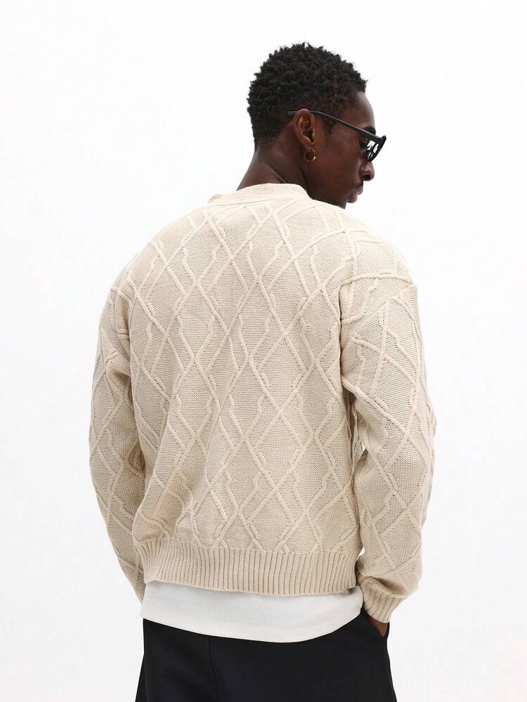 Cable Knit Cardigan With Diamond Pattern